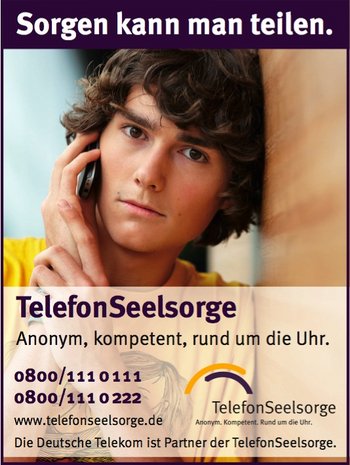 Junger Mann mit Telefon am Ohr - Plakat der Telefonseelsorge